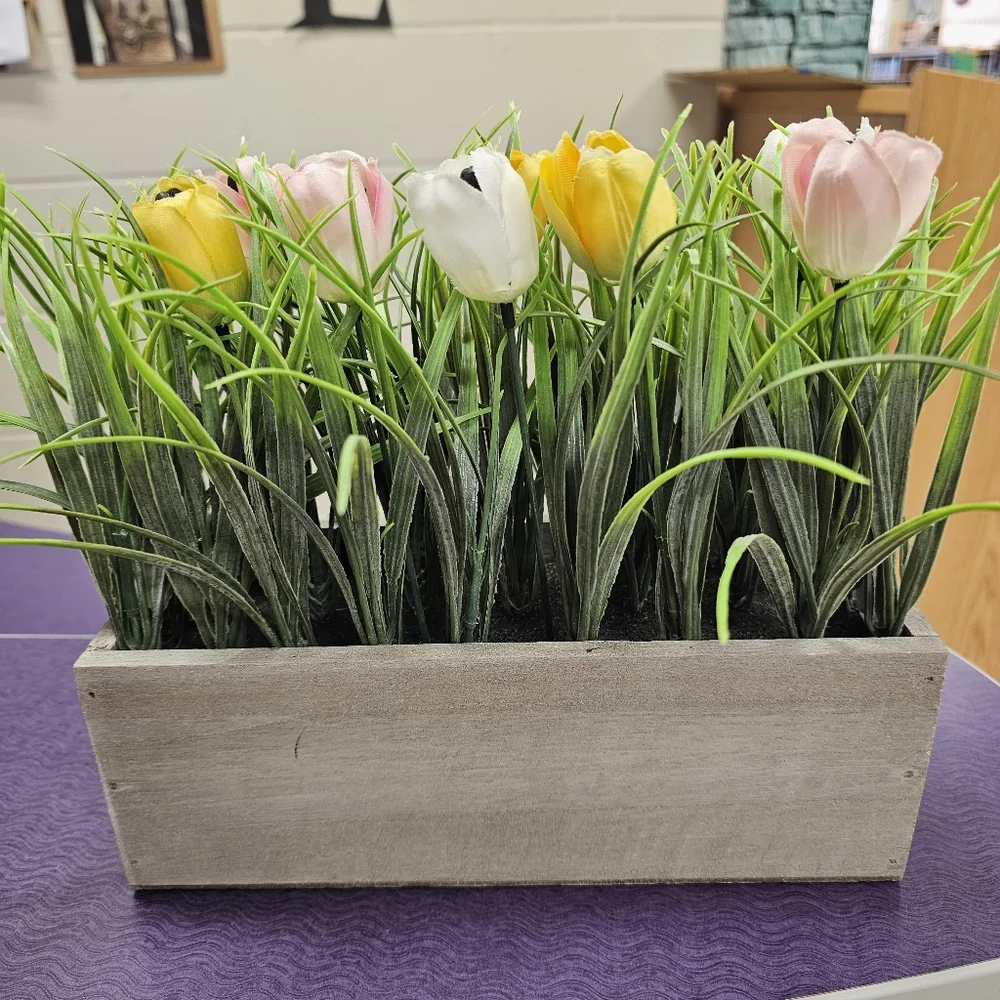 Artificial Tulip Arrangement in Wooden Box - Spring Floral Centerpiece Farmhouse